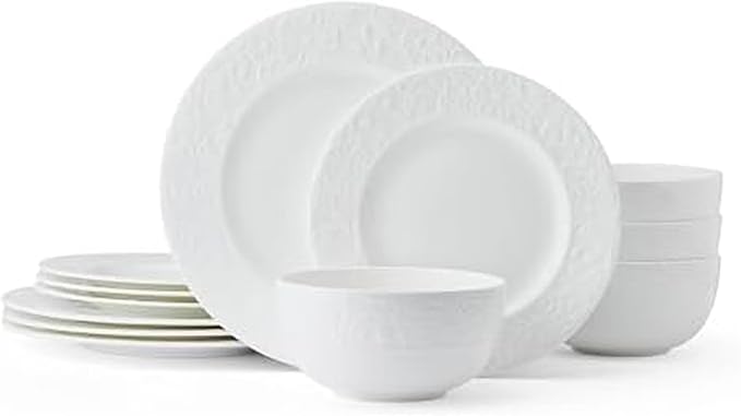 Mikasa Claire Floral Bone China Lightweight Chip Resistant 12 Piece Dinnerware Set Service for 4 White