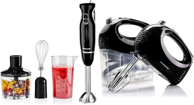 OVENTE Immersion Electric Hand Blender 300 Watt Power 2 Mix Speed &amp Portable 5 Speed Mixing Electric Hand Mixer with Stainless Steel Whisk Beater Attachments &amp Snap Storage Case