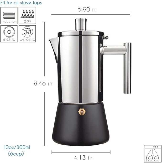 Stainless Steel Stovetop Espresso Moka pot - Cuban Coffee maker Italian for Induction gas or electric stoves