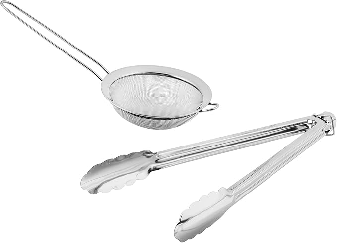 Vinod Stainless Steel Cookware Set 11-Piece Kitchen Starter Set Includes Mixing Bowls Set Stainless Steel Colander| Kitchen Food Strainer 4-Side Grater Serving Spoons Ladle &amp Utility Tongs