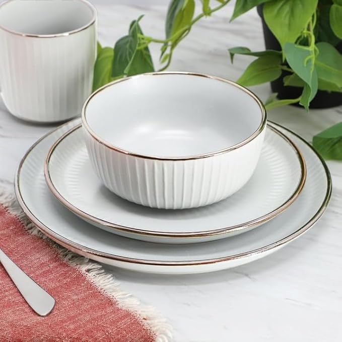 16 Piece White Stoneware Dinnerware Set – Microwave &amp Dishwasher Safe Plates Bowls and Mugs for 4 (White)