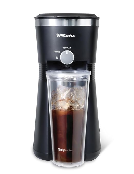 Betty Crocker Coffee Maker for Iced &amp Hot Brew Brews in 4 Minutes Compact Iced Coffee Machine with Chrome Accents Reusable Filter BPA-Free 20-Oz Tumbler &amp Straw BC-4869B Black