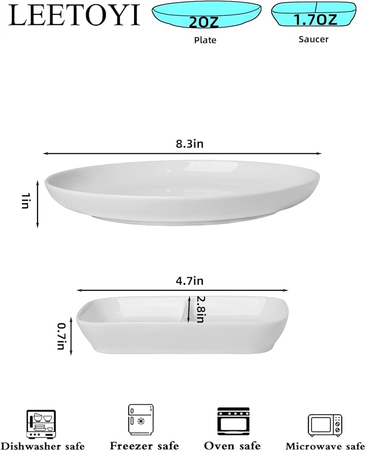 LEETOYI Ceramic Dishes and Plates 4-Piece Dinnerware Set Dinner Plates and Dipping dishes for Dessert Salad Pasta and Dip Microwave &amp Dishwasher Safe White