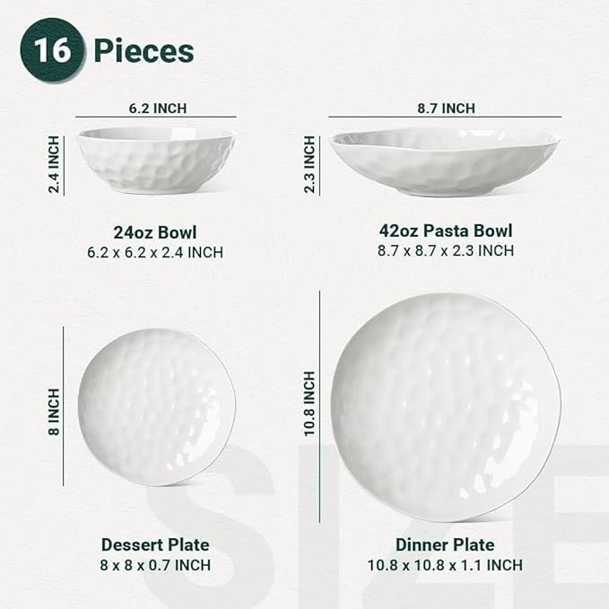 HOMBENE Large Dinnerware Set 16 Piece Service for 4 Plates and Bowls Sets High-fired at 2372°F for Dessert Salad and Pasta Dishes Set w/Cereal Bowls