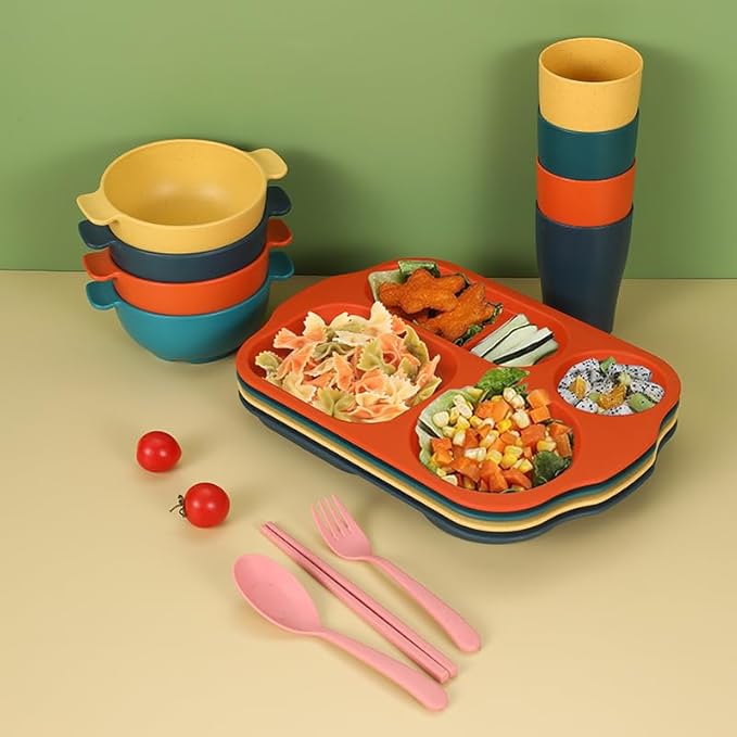 24Pcs Wheat Straw Dinnerware Cutlery Sets Divided Plates Unbreakable Bowl Microwave Dishwasher Safe Tableware Cutlery -Green