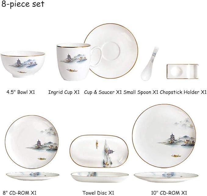 Pottery Tableware8 Pieces Landscape Painting Porcelain Dinnerware Set Ceramic Plate Combination Sets Dinner Plate Dessert Plate Bowl and Mug
