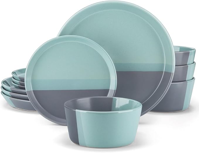 12 Piece Embossed Stoneware Tableware Set with Dinner Dessert Plate Soup Bowl Mug Service for 4ons