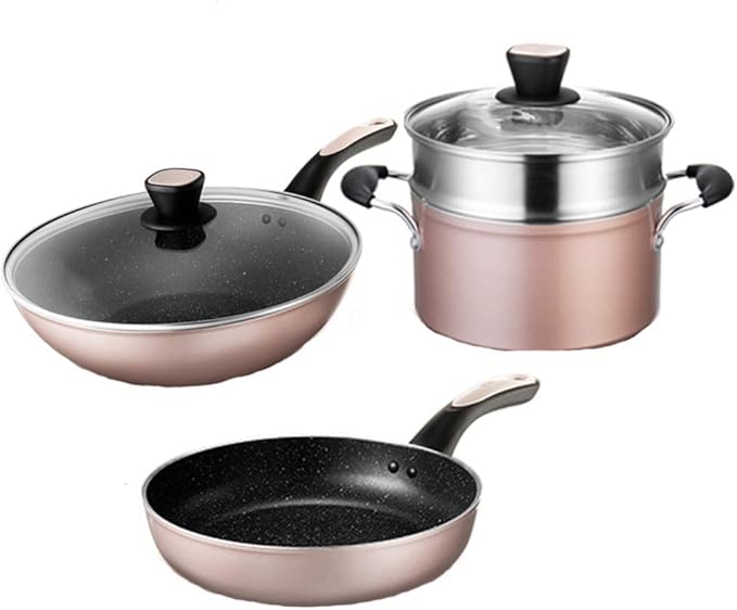 Cookware Set3-Piece Steamer Set Aluminum Alloy Pan Set Tempered Glass Lid Comfortable Handle Suitable for Gas and Induction Cooker Easy to Clean Non Stick Fry Pan
