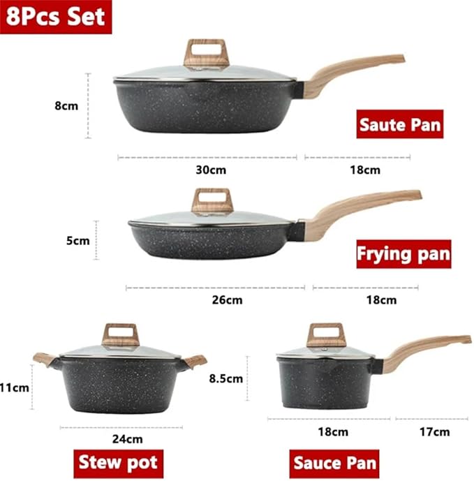 8Pcs Pots and Pans Set Non Stick Kitchen Cookware Nonstick Granite Cooking Sets with Frying Pans Saute Pan Stock Pot Sauce PanBlack8 Pc