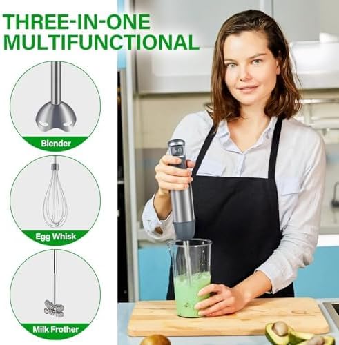 Immersion Blender Handheld 1100W 3-in-1 Corded Stick Blender with Speed Control Includes Whisk and Milk Frother Attachments Perfect for Soups Smoothies and Purees