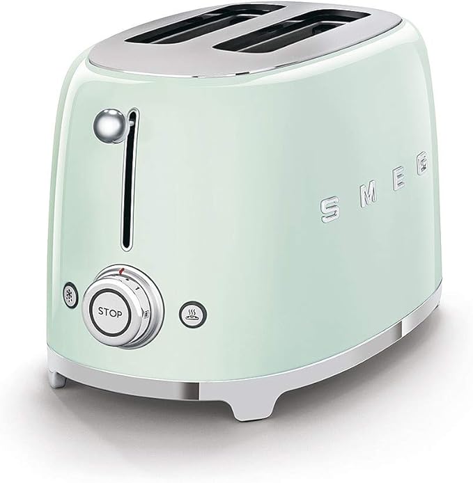 Smeg TSF01PGUK Retro 2 Slice Toaster 6 Browning Levels Extra-Wide Bread Slots Defrost and Reheat Functions Removable Crumb Tray 950 W Pastel Green