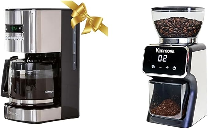 Koolatron Kenmore Aroma Control 12 Cup Programmable Coffee Maker Black and Stainless Steel Drip Coffee Machine &amp Kenmore Conical Burr Grinder
