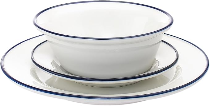 Bistro Blue Rim Porcelain 16 Piece Dinnerware Set Service for 4 Solid Country Round 12 Dishwasher Safe