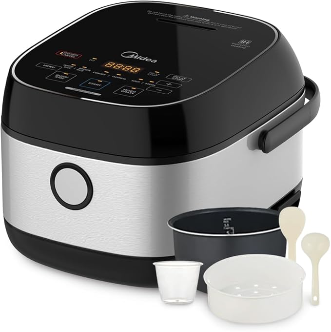 Midea 3L Rice Cooker with Steamer Basket 6-Cup Uncooked Capacity Induction Heating &amp Fuzzy Logic Technology 24h Delay Start &amp Keep Warm Non-Stick Inner Pot