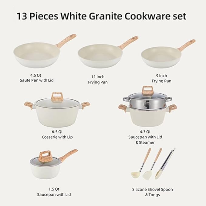 Black13 Pieces Pots and Pans Set Nonstick Cookware Set Granite Cooking Set Kitchen Induction Cookware with Frying Pans Saucepans Steamer Silicone Tools Set