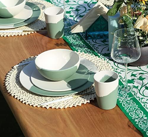 MORGIANA 8 pcs Bamboo Dinnerware Set Reusable Plates Bowls Sets Camping Picnic Dishes Tableware Set for 2 (Green &amp White)