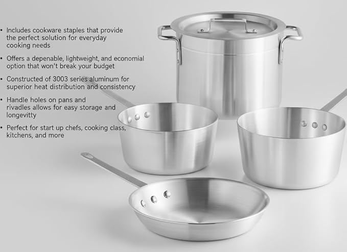 5-Piece Aluminum Cookware Set – Includes 2.75 Qt &amp 3.75 Qt Sauce Pans 8 Qt Stock Pot with Cover and 10 Fry Pan – Heavy-Duty Riveted Handles Superior Heat Distribution (5-Piece Set)
