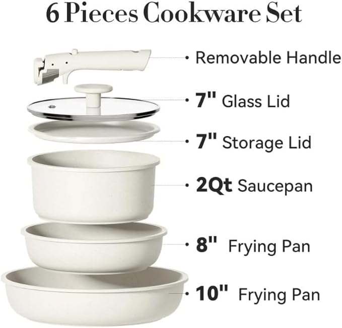 6 Pcs Nonstick Pots and Pans Cookware Set with Detachable Handle Oven Safe Stackable Kitchen Cookware White Ideal for Regular Use