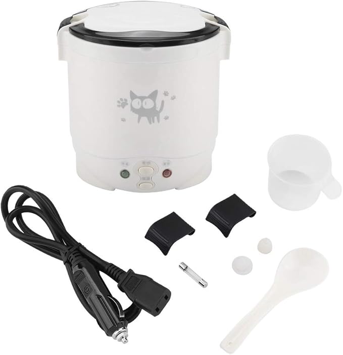 Mini Rice Cooker Steamer 12V 100W 1L Electric Travel Rice Cooker Small Box Multi-function Cooking Steaming Lunch Box for Cars Home Office School Cook Raw Food(White)