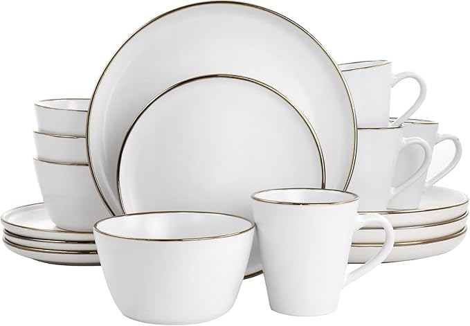 16 Piece Stoneware Dinnerware Set with Gold Rim – Matte Black White &amp Slate Plates Bowls and Mugs – Microwave &amp Dishwasher Safe Tableware Set for 4 (Matte White)