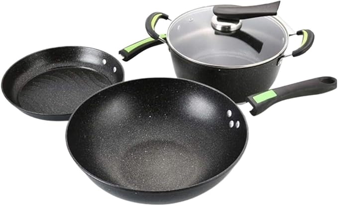 3-Piece Cookware Set Wrought Iron &amp Medical Stone Non-Stick Pots and Pans – Wok Frying Pan Soup Pot with Lid – Induction Compatible Easy Cleaning