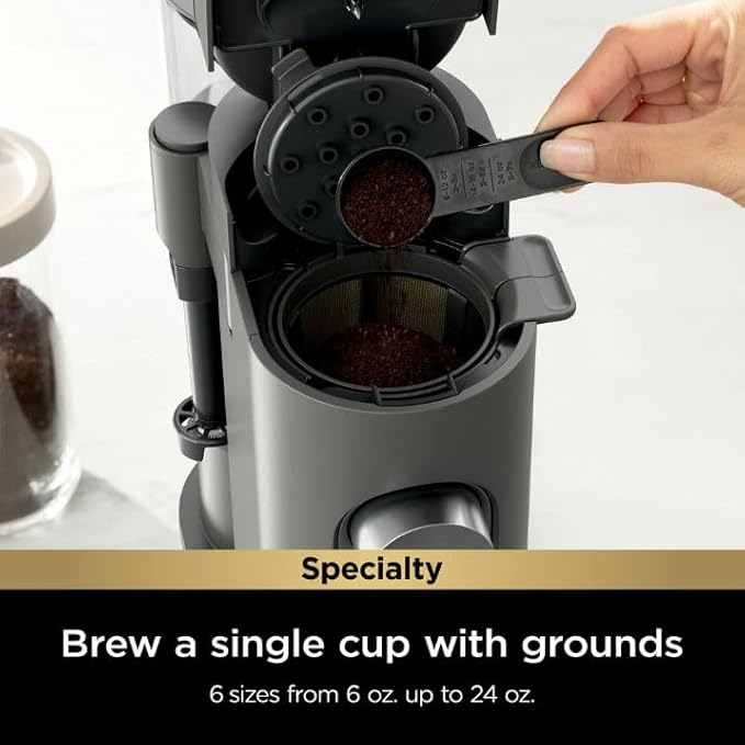 Single-Serve Coffee Maker Pods &amp Grounds 4 Brew Styles: Classic Rich Over Ice Specialty Compact Frother 6-24 oz Brew Sizes Travel Mug Friendly Gray PB050