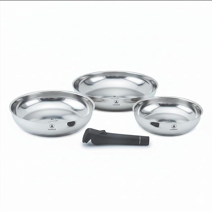 LAGUIOLE Set of 3 Removable Stainless Steel Frying Pans Compatible with All Hobs Induction 100% Cast Iron 20/24/28 cm Capacity 1.25/1.80/2.50 L Stackable Design Silver
