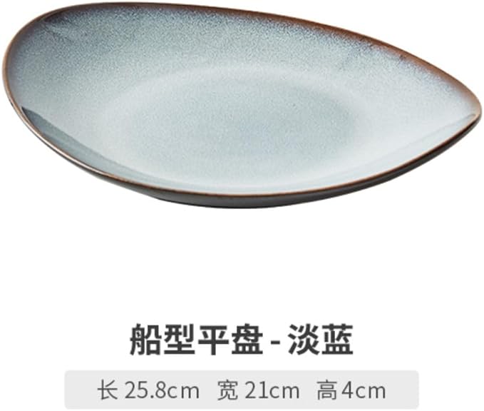 Thcbme 轻奢陶瓷窑变釉异形盘子菜盘家用浅盘西餐盘酒店 Ceramic Dish Set 餐具/Handpainted Plates and Bowls Set Ceramic Dinnerware Sets/船型平盘-淡蓝