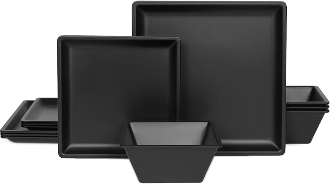 12 Piece Melamine Plates and Bowls Sets Square Dinner Set with Plates Dishes Bowls Black Square Dinnerware Sets -Serving Platers for 4 Dishwasher Safe