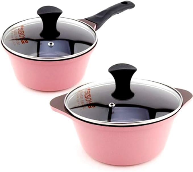 Kitchen Art Ceramic Pot set Nonstick Dishwasher Safe Cookware Set Nonstick Pots and Pans Set Thermo-Spot Heat Indicator 4 Piece pink