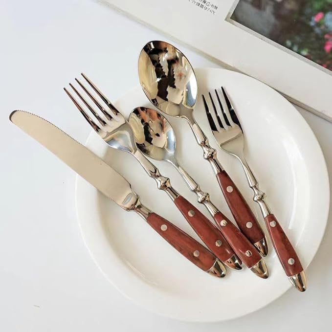 Silverware Set For 8 with Two Rivets Vintage 40-Piece Everyday Flatware Set with Wood Grain Bakelite Handle Stainless Steel Cutlery Set Dishwasher Safe Knives Spoons and Forks Set