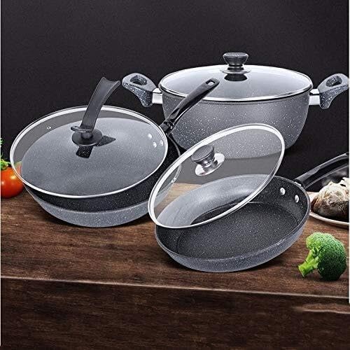 3-Piece Non-Stick Cookware Set Stone Frying Pan Soup Pot Wok 5-Layer Thickened Base Compatible with Induction Cookers