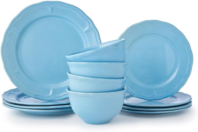 Godinger Madison Blue Stoneware 12-Piece Dinnerware Set – Classic Glazed Plates and Bowls Service for 4 Microwave &amp Dishwasher Safe