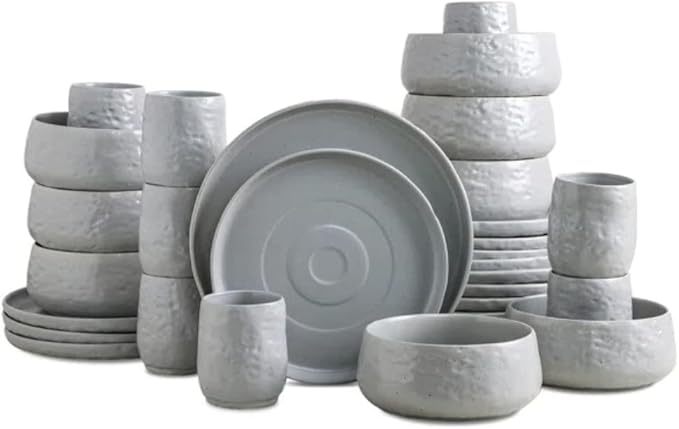 Artistic Design 32 Piece Round Elegant Stoneware Dinnerware Set For 8 | Expertly Crafted Organic Shape With Texture &amp Reactive Glaze Finish | Light Gray Color Microwave Dishwasher Safe Luxurious L