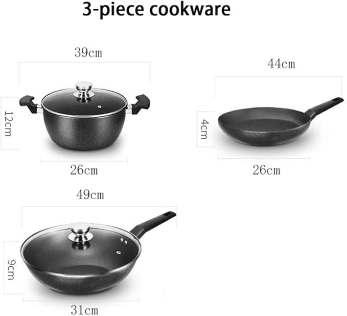 Non-Stick Cookware Set with Inductionwith Tempered Glass Cover Comfortable HandleSuitable Cooker 3 Pieces - Black