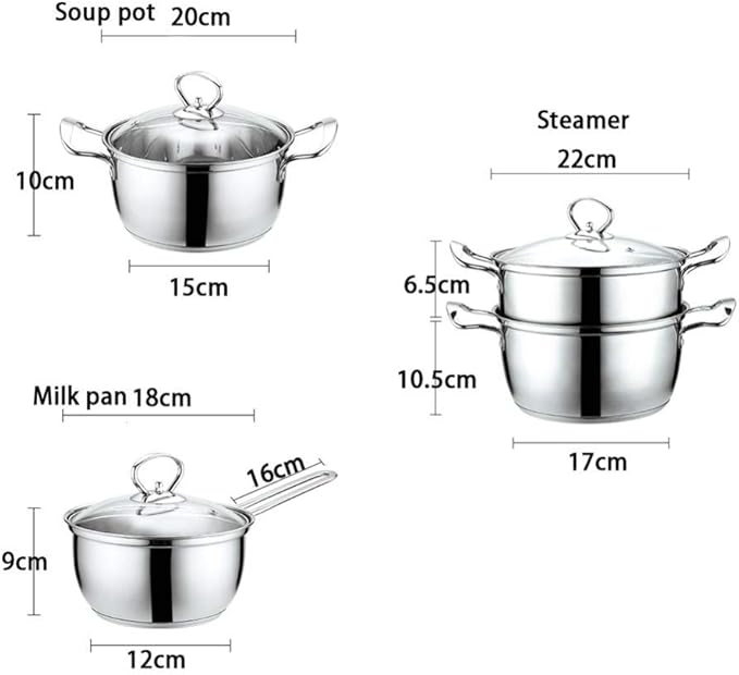 Cookware Set3-Piece Stainless Steel Pot &amp Pan Sets Induction Safe Saucepan Casserole Milk Pot with Glass lidComfortable HandleSuitable for Gas and Induction Cooke