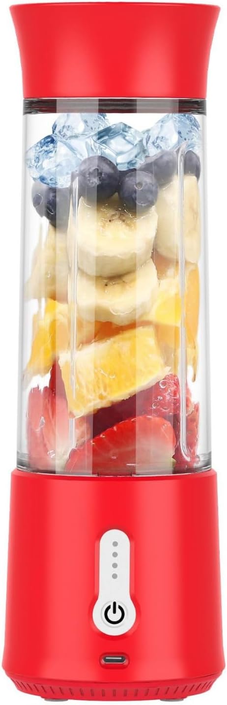 Portable Blender with USB Charging Personal Size Smoothie Maker 500ml Glass Cup 304 Stainless Steel Blades (red)