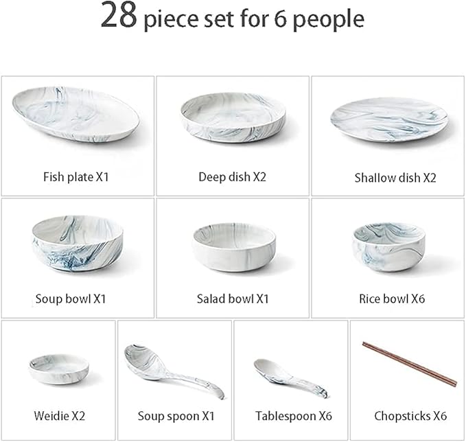 Classic Ceramic Dinnerware Sets – Nordic Creative Marble Pattern Plates &amp Bowls Dishwasher/Microwave Safe Available in 2/4/6/10-Piece Sets(Size:28Pcs)