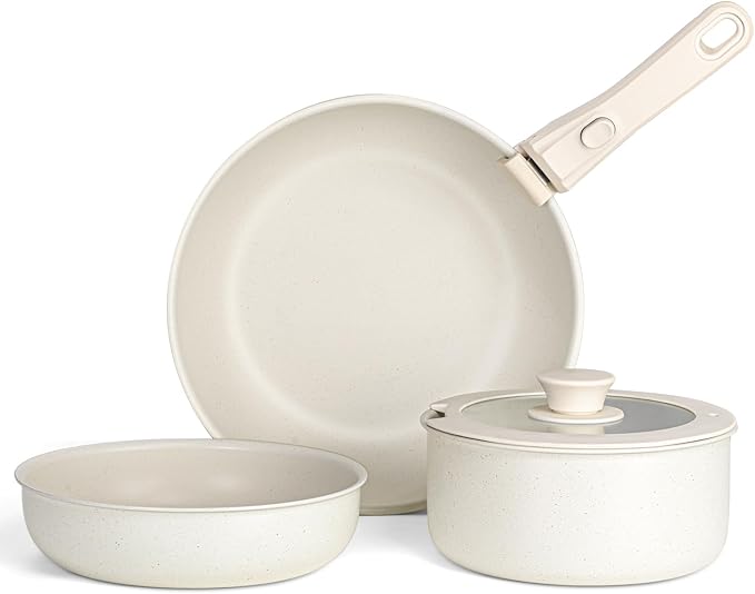 Walchoice 5Pcs Pots and Pans Set Granite Nonstick Cookware Set with Detachable Handle Stackable Kitchen Cooking Set with Saucepan Frying Pans Induction Compatible &amp Oven Safe - Cream White