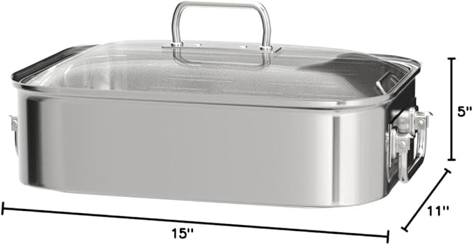 RÖSLE Expertiso Rectangular Roasting Dish with Glass Lid 18/10 Stainless Steel Oven-Safe Induction Safe Dishwasher Safe Silver 38 x 28 cm