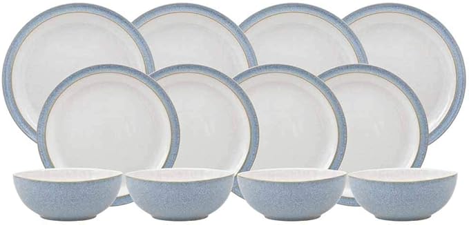 Denby Elements Blue Dinner Set - 4/12 Piece Ceramic Tableware - Dishwasher &amp Microwave Safe - 4 Dinner Plates 4 Medium Plates 4 Cereal Bowls