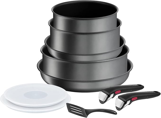 Tefal Ingenio Daily Chef ON 10 piece Non-Stick Induction Pan Set 22&amp26cm Frying pans 18&amp20cm Saucepans 24cm Sautepan 18&amp20cm Hermetic Lids Spatula 2 Bakelite Removable Handles Grey