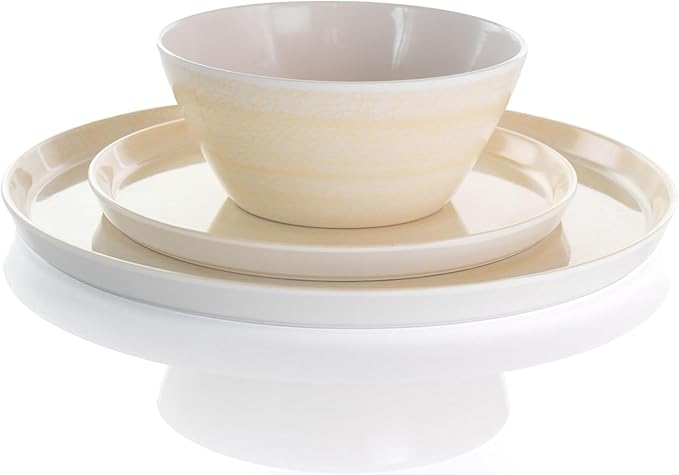 12 Piece Cream Melamine Dinnerware Set – Lightweight Shatterproof Plates and Bowls with Crackle Design – Modern Minimalist Outdoor Indoor Dish Set Dishwasher Safe