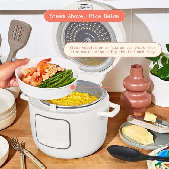 Beautifuly 14-Cup Cooked Electric Rice &amp Grain Cooker 6-Cup Uncooked Capacity Ceramic Nonstick Coating Multi-Grain Cooking Automatic Keep Warm (White Icing)