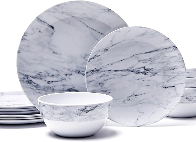 TP 12-Piece Melamine Dinnerware Sets Plates and Bowls Dishes Set for 4 Break-Resistant &amp Non-Microwavable Lightweight Dinner Plates Marble Pattern