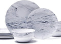 TP 12-Piece Melamine Dinnerware Sets Plates and Bowls Dishes Set for 4 Break-Resistant &amp Non-Microwavable Lightweight Dinner Plates Marble Pattern