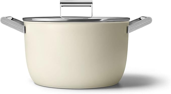 SMEG 8PC Non-Stick Cookware Set Cream 3 QT Sauce pan with Lid 9.5 Frypan 11 Frypan 5 QT Casserole with lid 4 QT Deep Pan with lid
