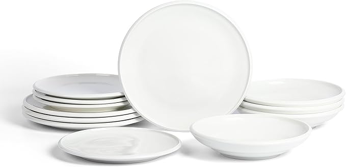 Earth &amp Clay Harmony 12-Piece Dinnerware Stoneware Plates and Bowls Set Includes Dinner and Salad Plates Cereal Bowls Dishwasher and Microwave Safe Dish Set for 4 White