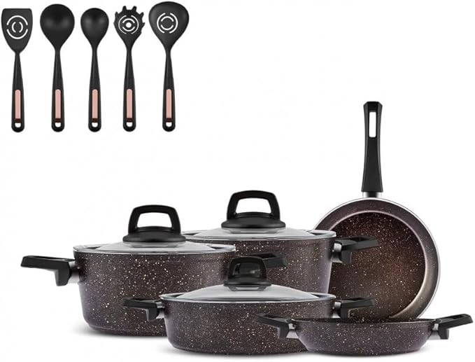 Karaca Blackgold Biogranite Cookware Set with Kitchen Utensil Set 13 Pcs 5 Cookware Pot and Pan with Lids 5 Utensils Non-Stick Coating Convenient Dishwasher Safe Easy to Clean