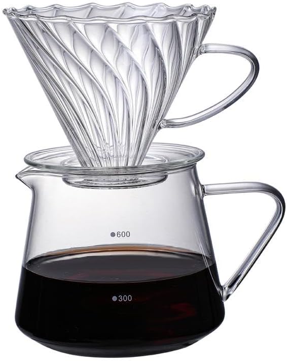 Pour Over Coffee Maker Set 600ML Glass Carafe Coffee Server with Dripper Set V60 Glass Coffee Filter for Home Office Gift 1-4 Cups (Clear)